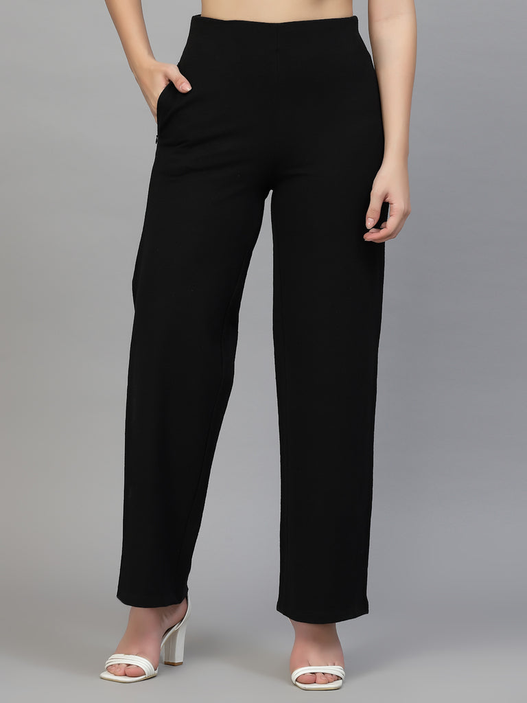 Style Quotient Women Solid Black knitted Formal Trouser-Trousers-StyleQuotient