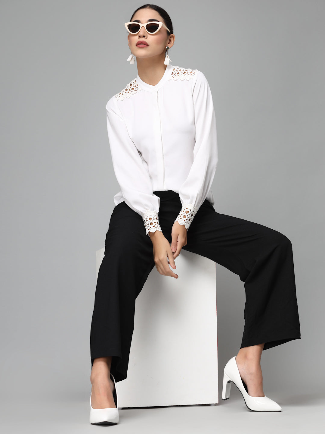 Style Quotient Women Embellished White Regular Smart Casual Shirt-Shirts-StyleQuotient