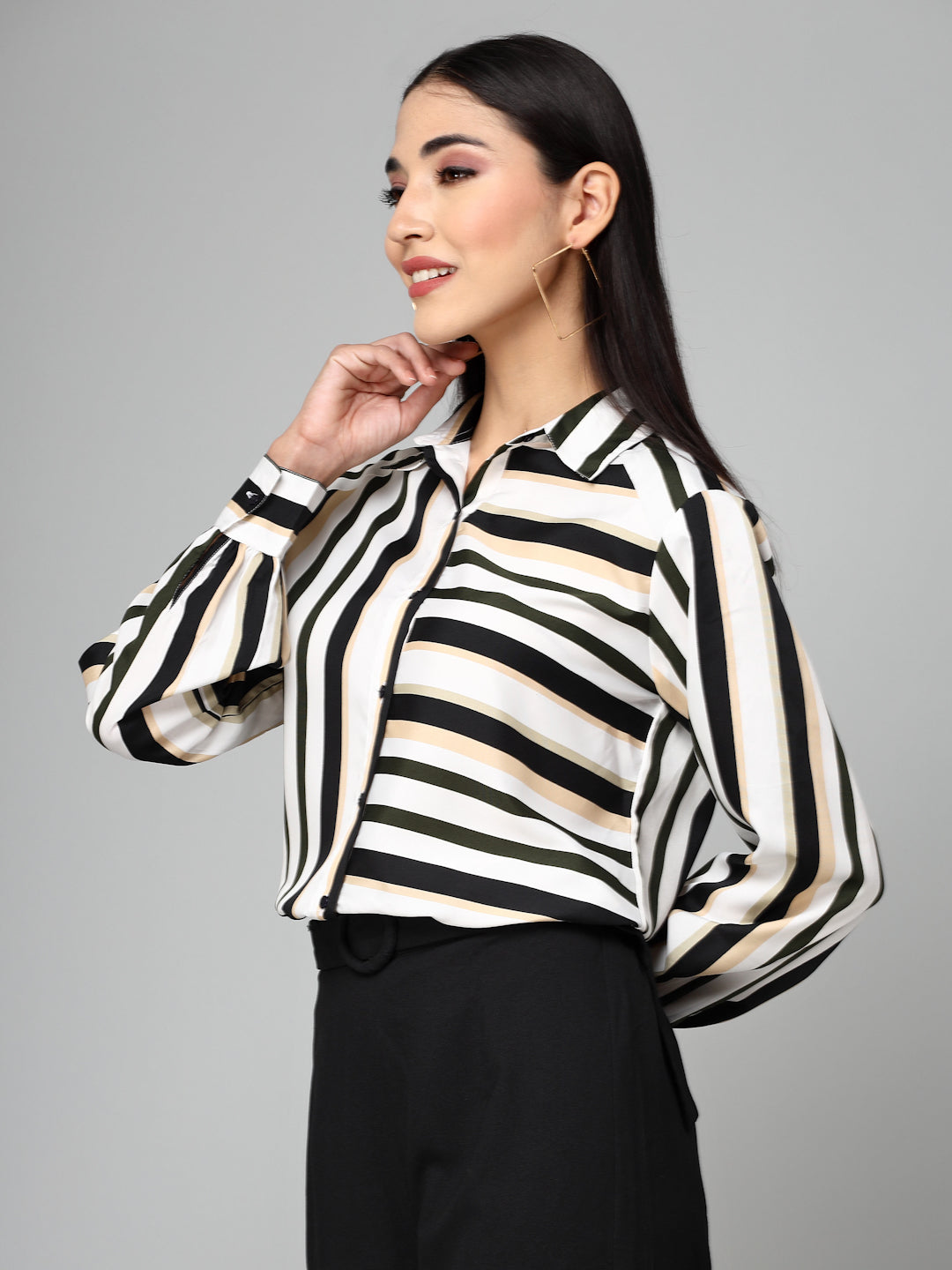 Style Quotients Women Black White Stripe Printed Polyester Boxy Casual Shirt-Shirts-StyleQuotient