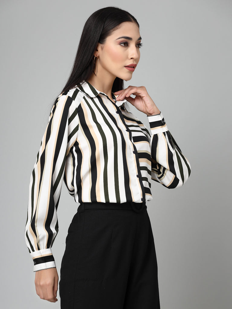 Style Quotients Women Black White Stripe Printed Polyester Boxy Casual Shirt-Shirts-StyleQuotient
