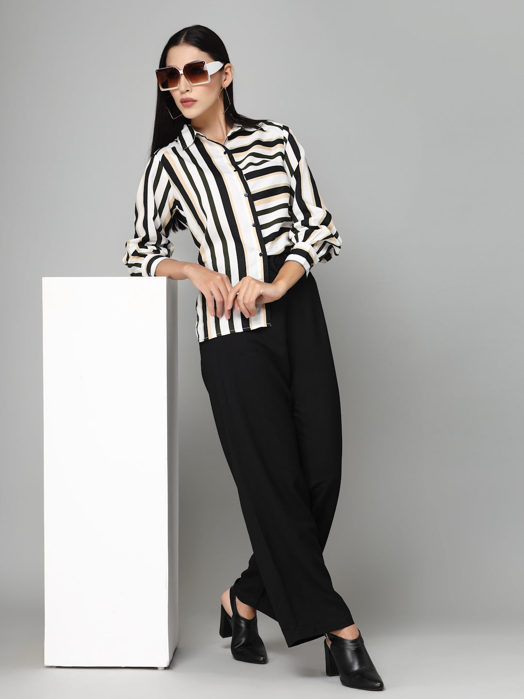 Style Quotients Women Black White Stripe Printed Polyester Boxy Casual Shirt-Shirts-StyleQuotient