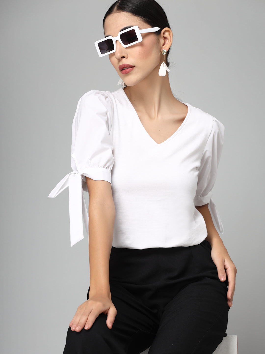 Style Quotient Women White Knit Fitted Smart Casual Top-Tops-StyleQuotient