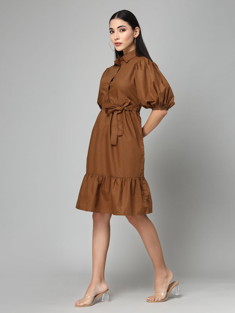 Style Quotient Women Solid Brown Polycotton Smart Casual Dress-Dressers-StyleQuotient