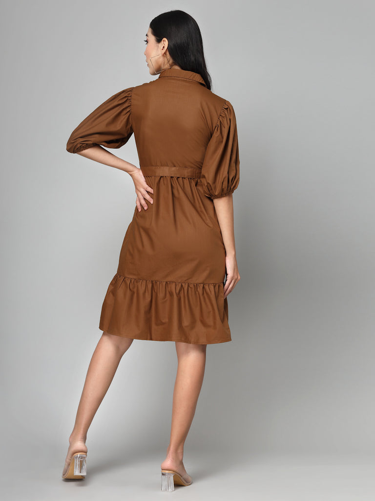 Style Quotient Women Solid Brown Polycotton Smart Casual Dress-Dressers-StyleQuotient