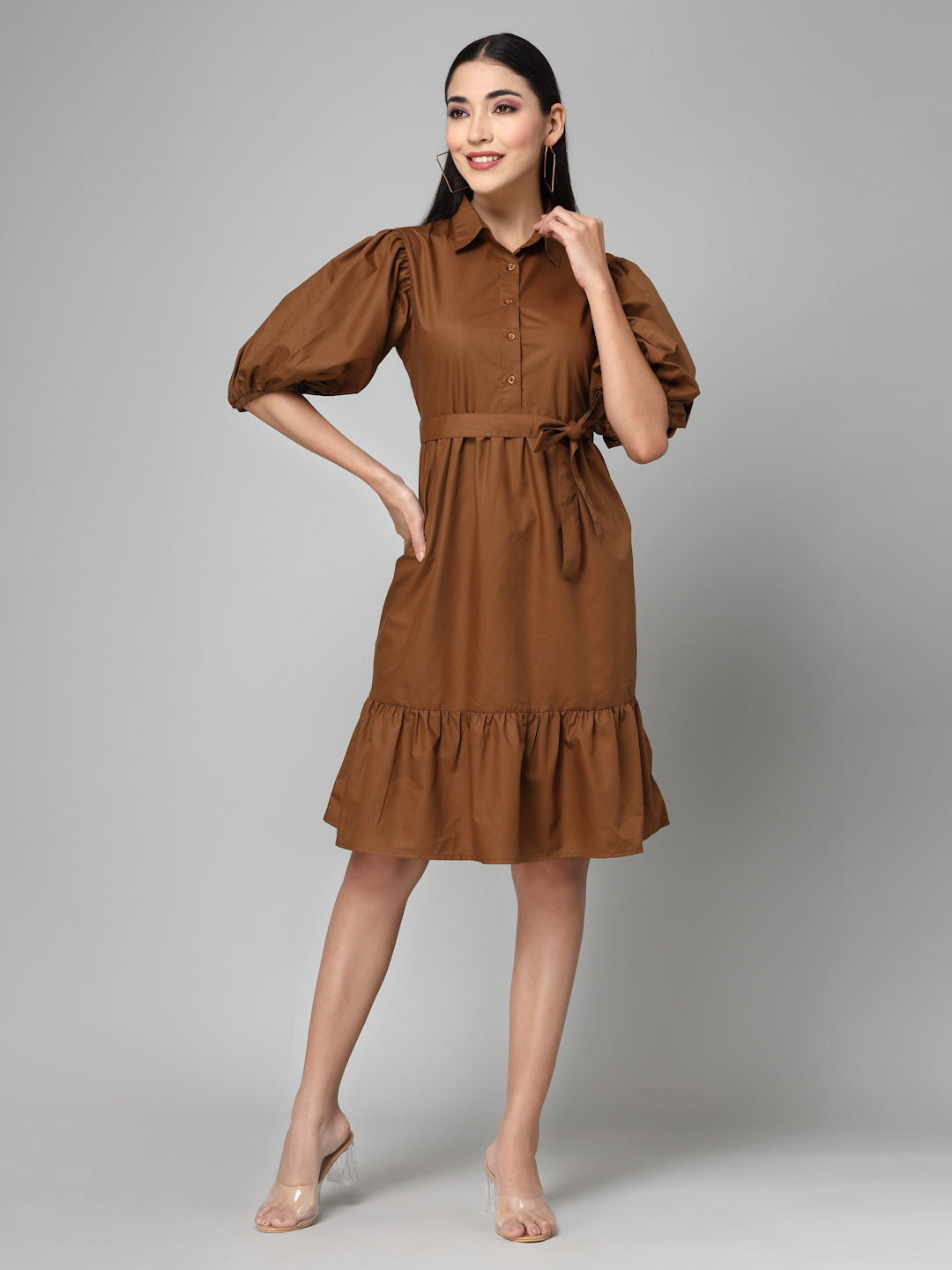 Style Quotient Women Solid Brown Polycotton Smart Casual Dress-Dressers-StyleQuotient