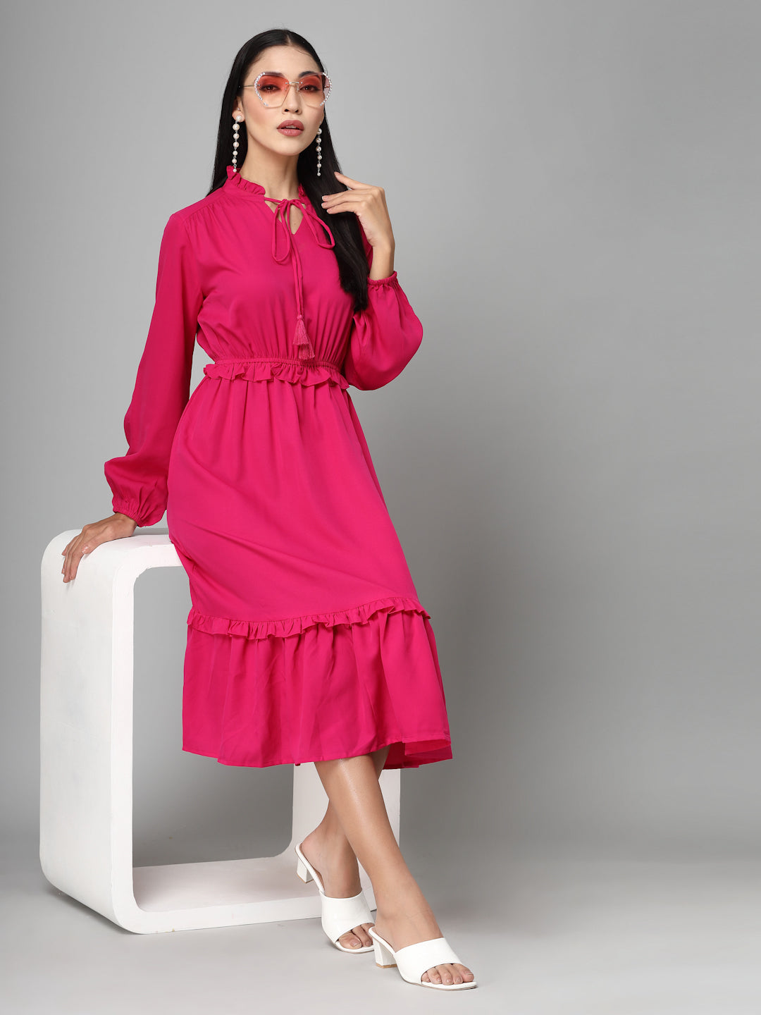 Style Quotient Women Solid Pink Polyester Smart Casual Dress-Dressers-StyleQuotient