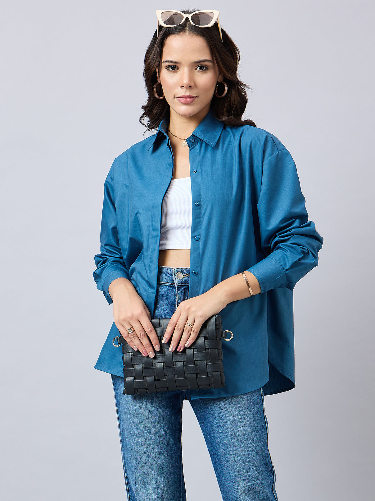 Style Quotient Women Solid Blue Smart Casual Oversized Polycotton Shirt-Shirts-StyleQuotient