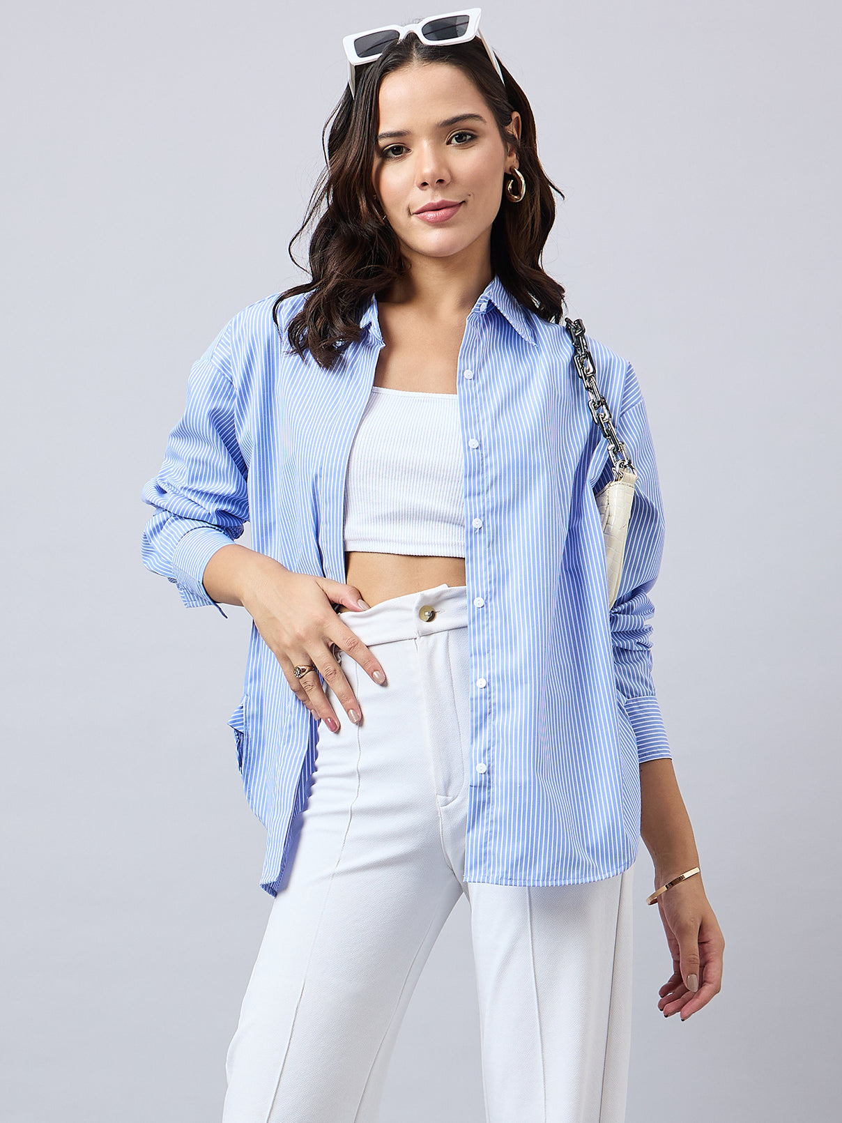 Style Quotient Women Solid Blue And White Smart Casual Oversized Polycotton Shirt-Shirts-StyleQuotient