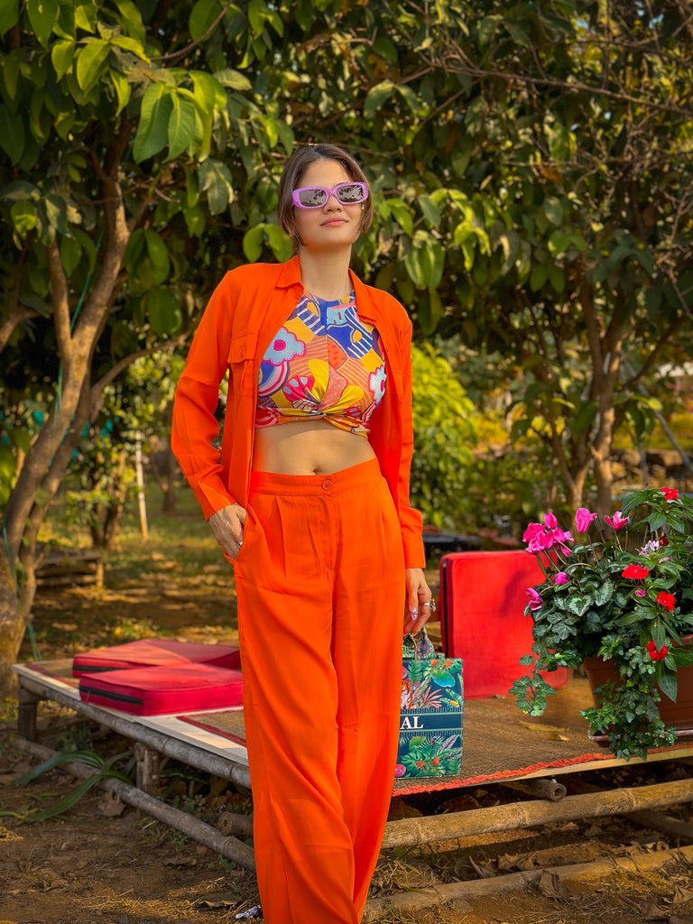 Style Quotient Women Orange Solid Shirt with Trousers-Co-Ords-StyleQuotient