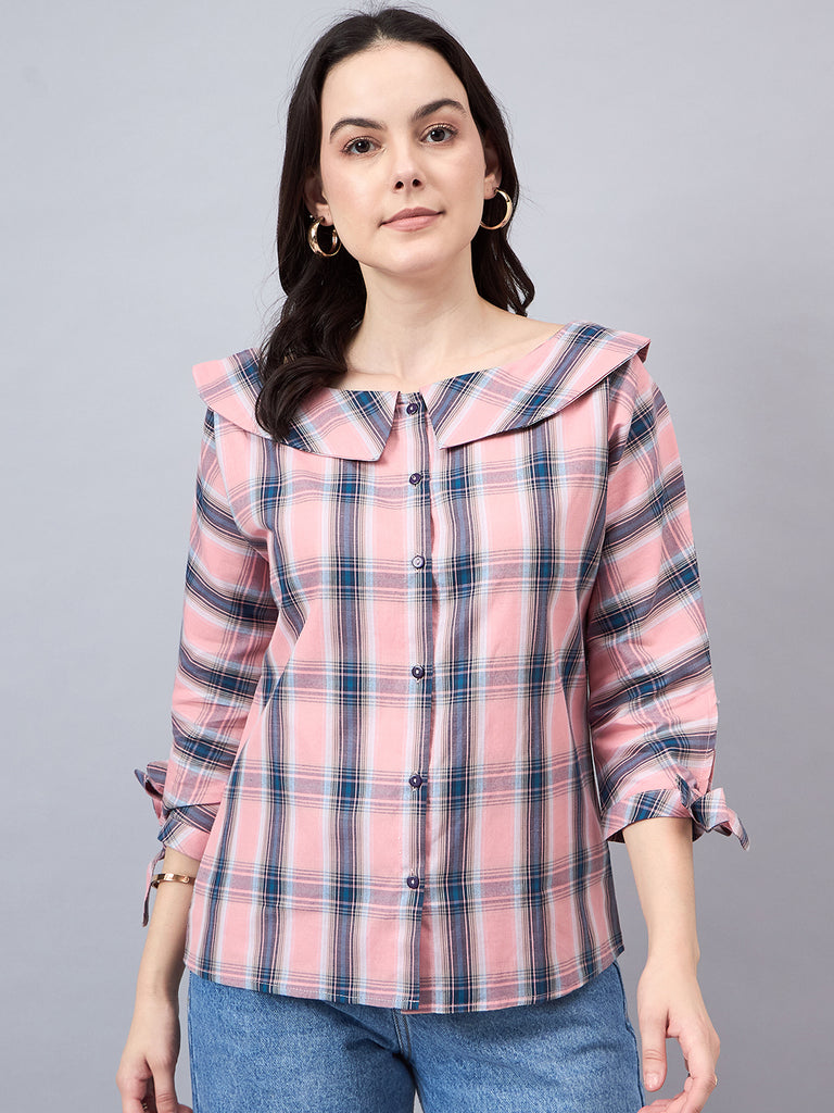 Style Quotient Women Pink & Teal Blue Checked Shirt Style Top-Shirts-StyleQuotient