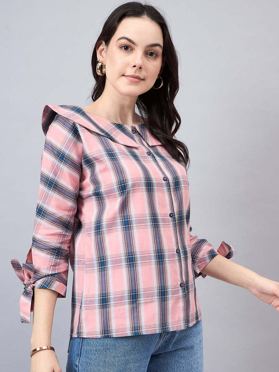 Style Quotient Women Pink & Teal Blue Checked Shirt Style Top-Shirts-StyleQuotient