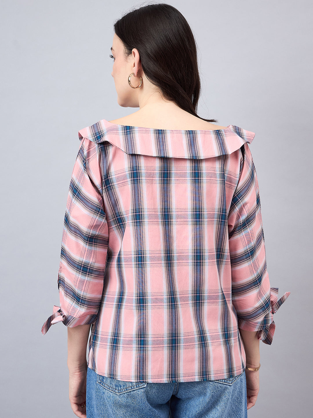 Style Quotient Women Pink & Teal Blue Checked Shirt Style Top-Shirts-StyleQuotient