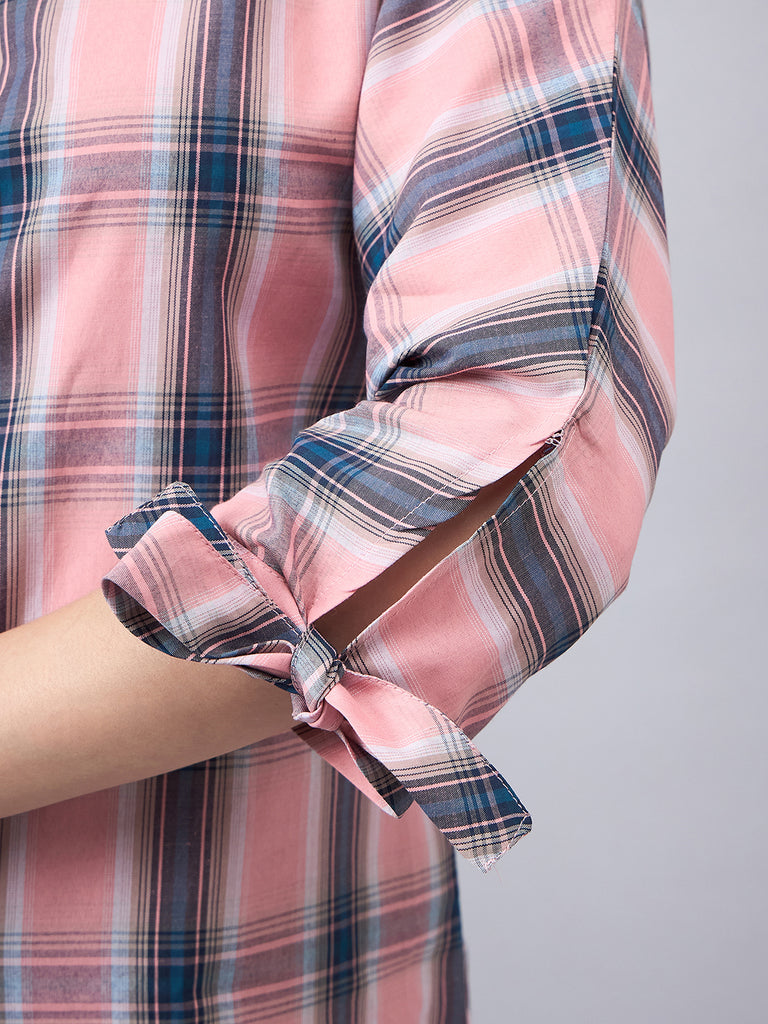 Style Quotient Women Pink & Teal Blue Checked Shirt Style Top-Shirts-StyleQuotient