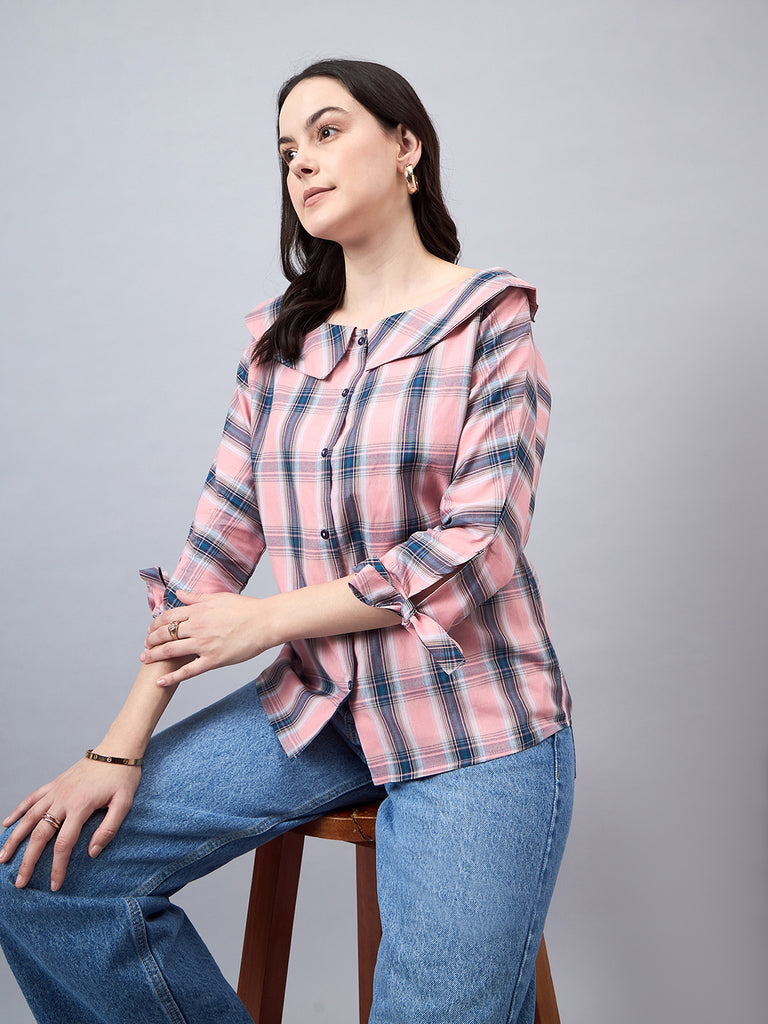 Style Quotient Women Pink & Teal Blue Checked Shirt Style Top-Shirts-StyleQuotient