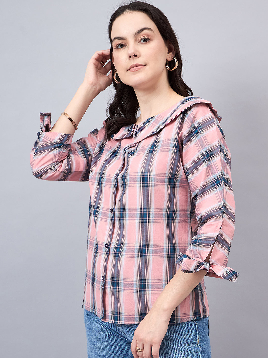 Style Quotient Women Pink & Teal Blue Checked Shirt Style Top-Shirts-StyleQuotient