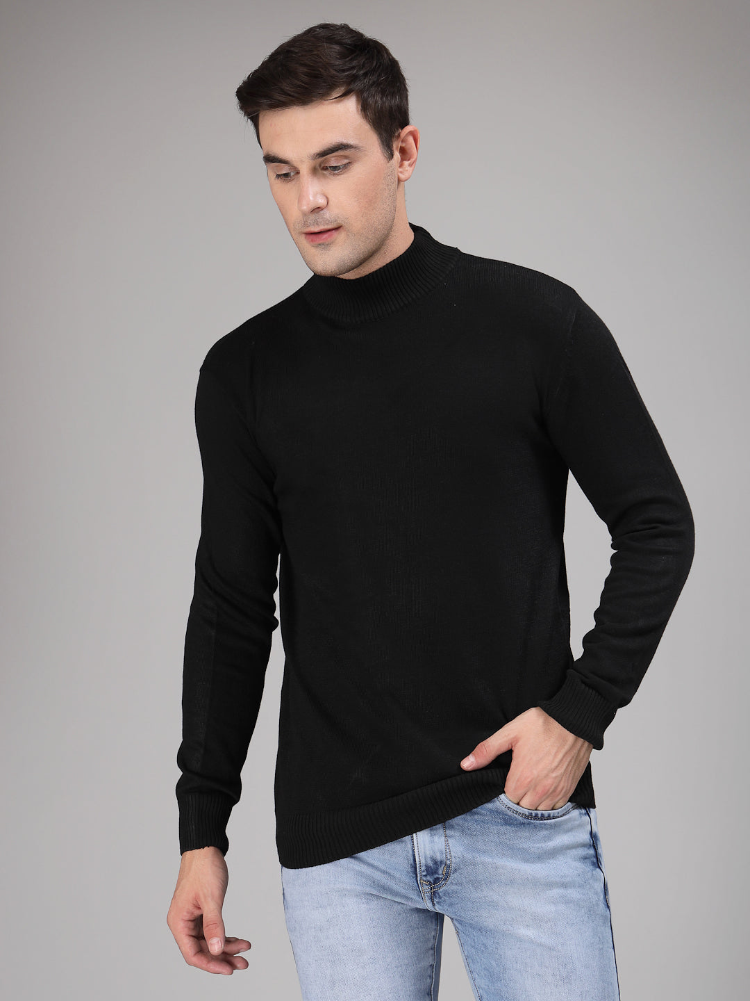 Style Quotient Men Solid Black Knitted Regular Sweater-Men's Sweaters-StyleQuotient