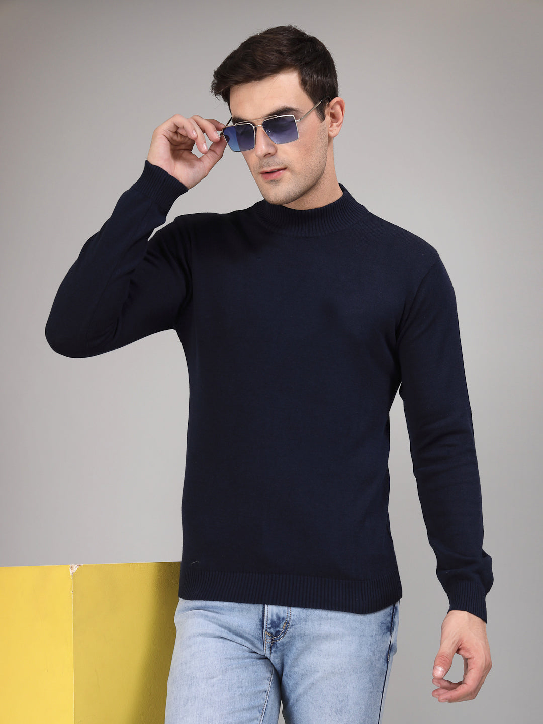 Style Quotient Men Solid Navy Knitted Regular Sweater-Men's Sweaters-StyleQuotient