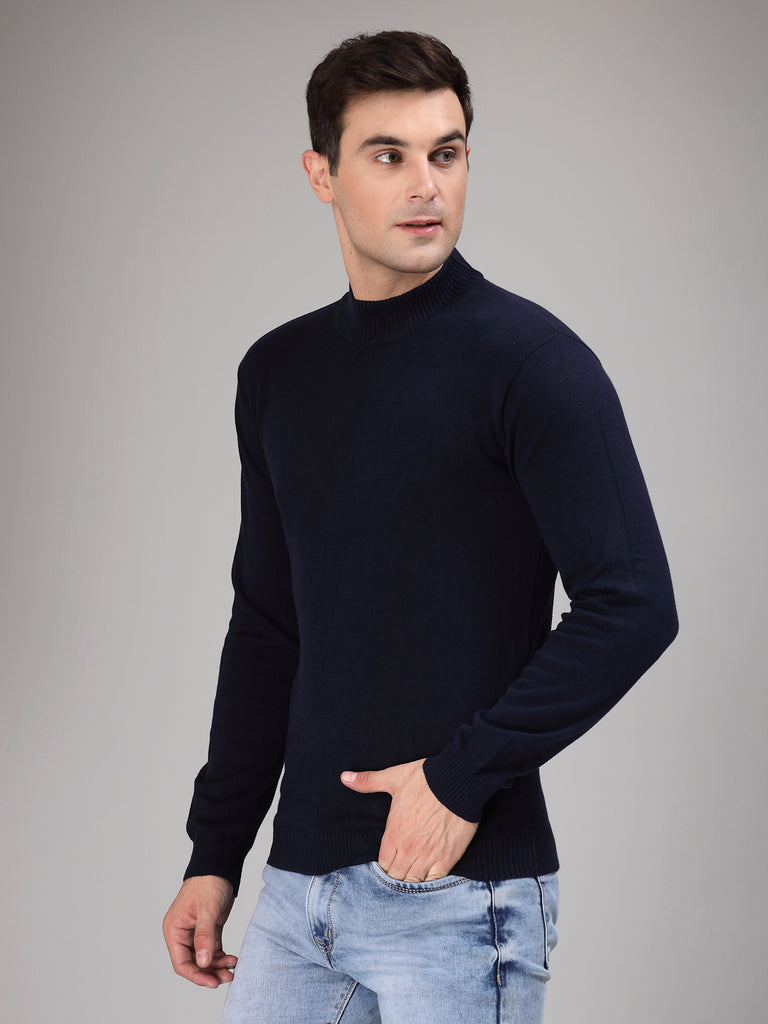 Style Quotient Men Solid Navy Knitted Regular Sweater-Men's Sweaters-StyleQuotient