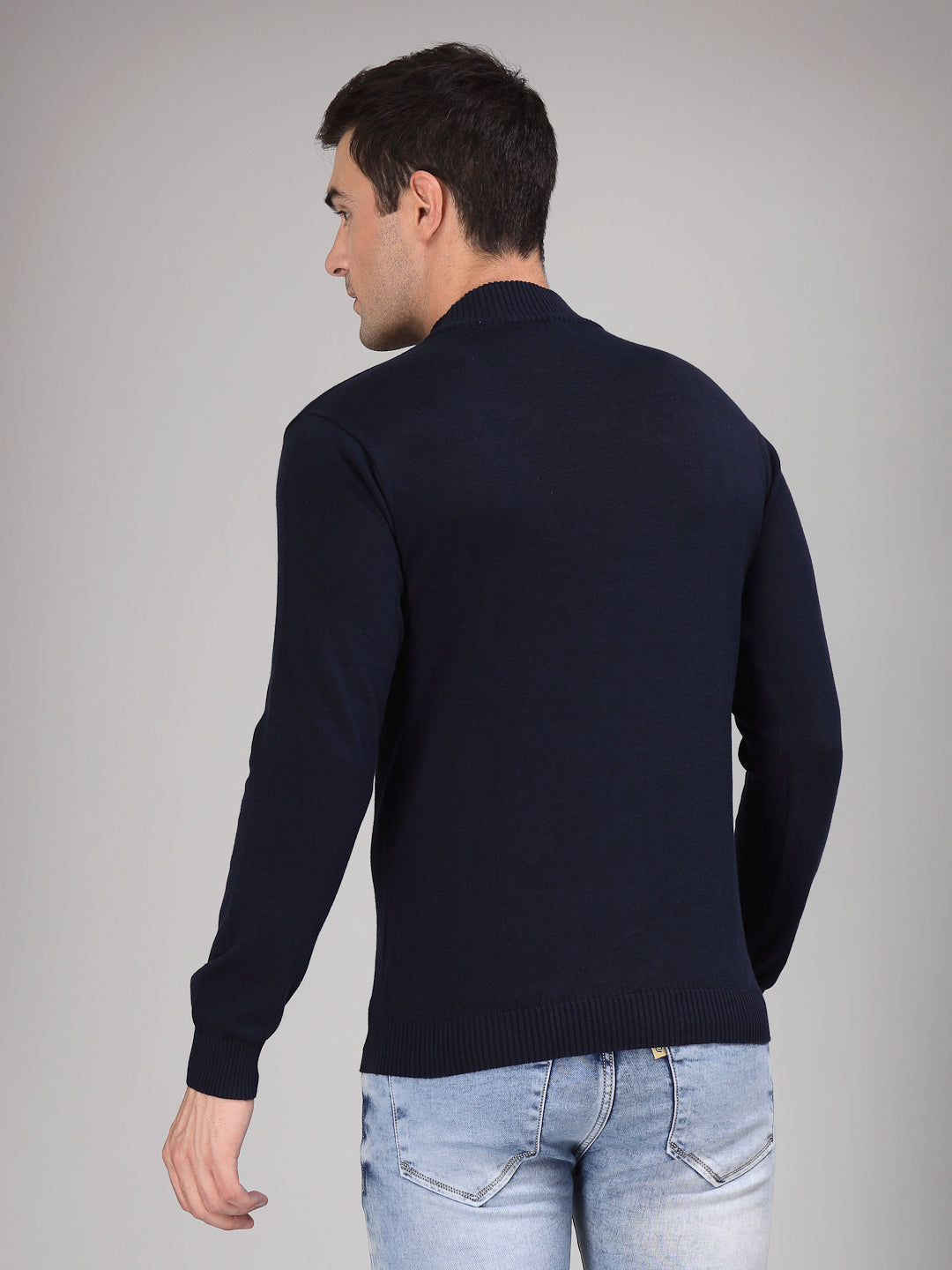 Style Quotient Men Solid Navy Knitted Regular Sweater-Men's Sweaters-StyleQuotient