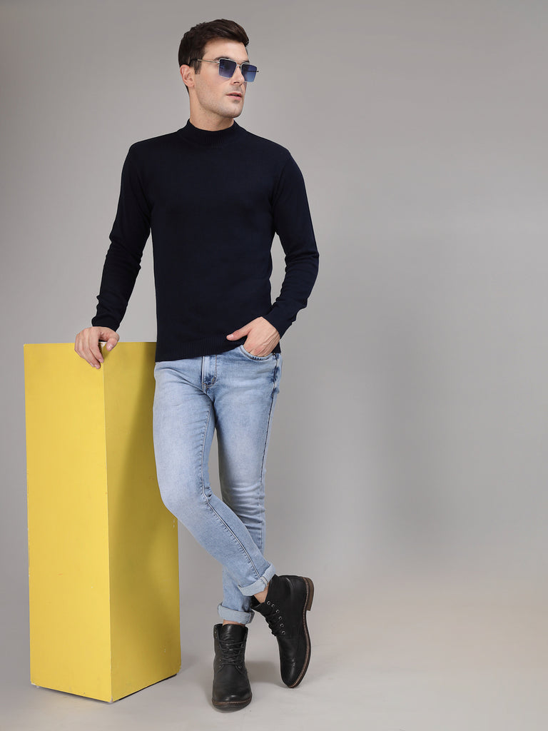 Style Quotient Men Solid Navy Knitted Regular Sweater-Men's Sweaters-StyleQuotient