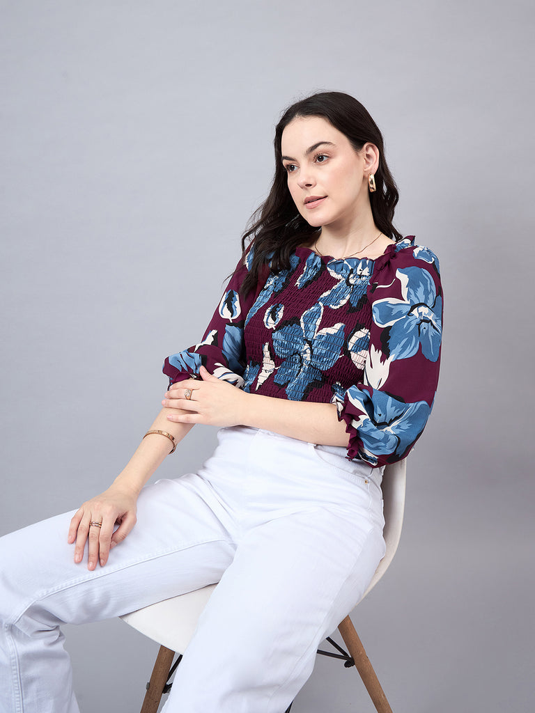 Style Quotient Womens Maroon Printed Cropped Top-Tops-StyleQuotient