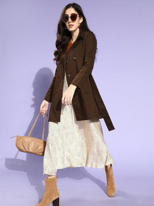 Style Quotient Women Brown Solid Double Breasted Trench Coat-Coat-StyleQuotient