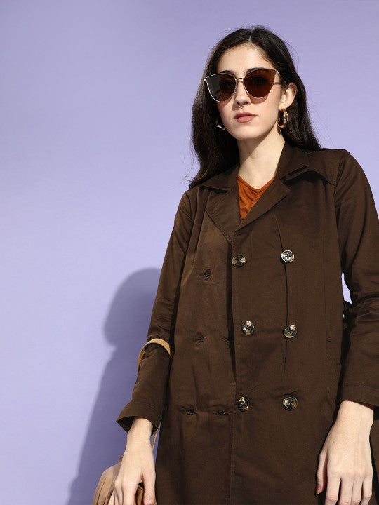 Style Quotient Women Brown Solid Double Breasted Trench Coat-Coat-StyleQuotient