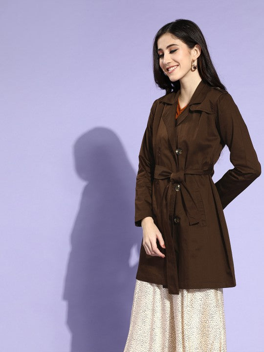 Style Quotient Women Brown Solid Double Breasted Trench Coat-Coat-StyleQuotient