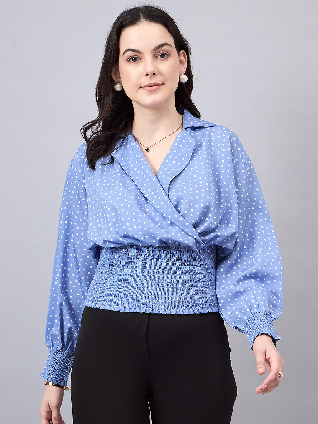 Style Quotient Women Blue White Polka Dots Print Bishop Sleeves Smocked Crepe Wrap Top-Tops-StyleQuotient
