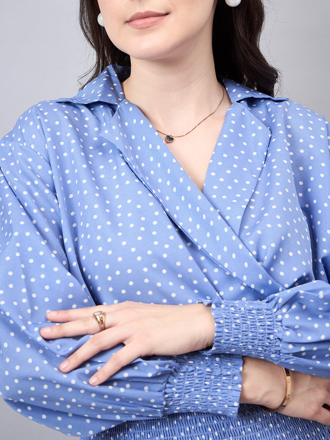 Style Quotient Women Blue White Polka Dots Print Bishop Sleeves Smocked Crepe Wrap Top-Tops-StyleQuotient
