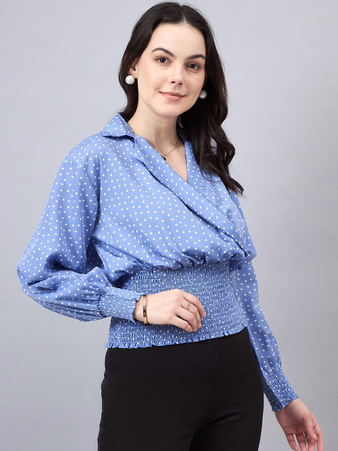 Style Quotient Women Blue White Polka Dots Print Bishop Sleeves Smocked Crepe Wrap Top-Tops-StyleQuotient