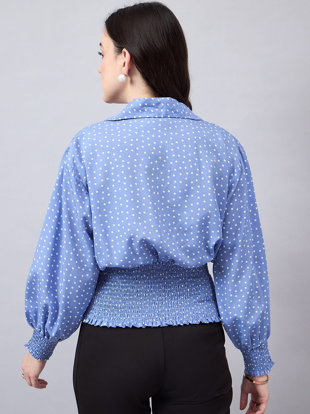 Style Quotient Women Blue White Polka Dots Print Bishop Sleeves Smocked Crepe Wrap Top-Tops-StyleQuotient