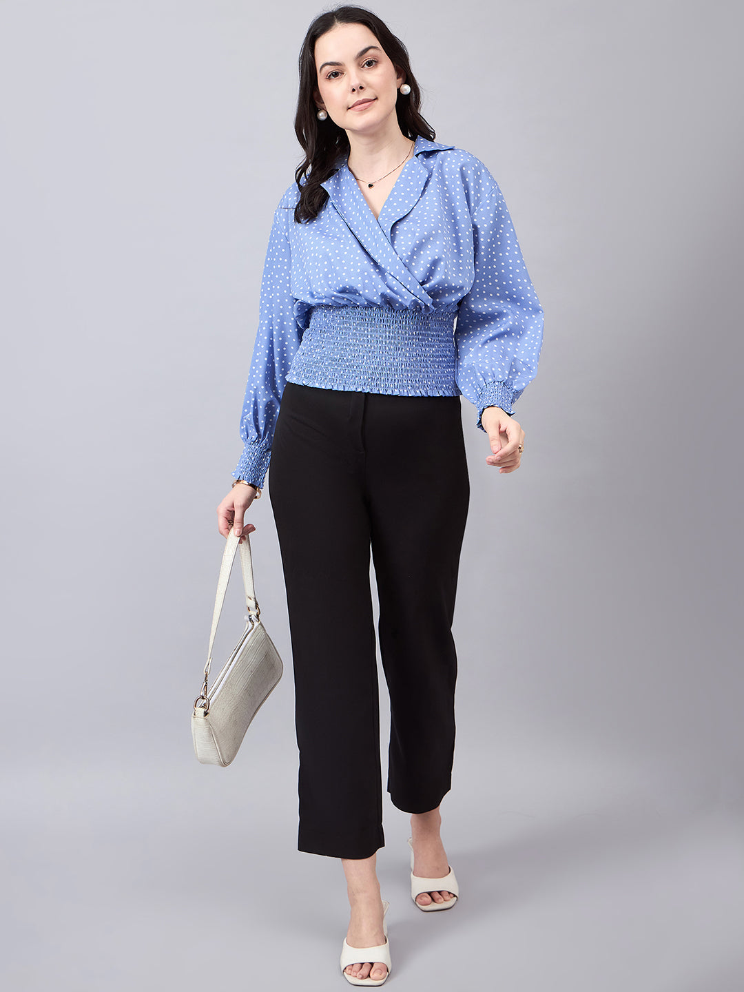 Style Quotient Women Blue White Polka Dots Print Bishop Sleeves Smocked Crepe Wrap Top-Tops-StyleQuotient