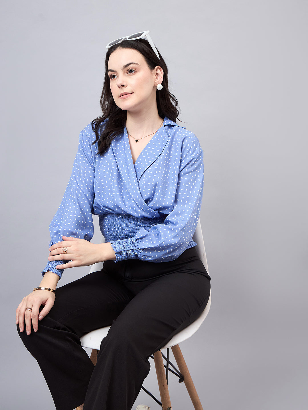 Style Quotient Women Blue White Polka Dots Print Bishop Sleeves Smocked Crepe Wrap Top-Tops-StyleQuotient