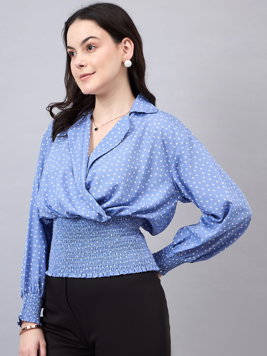 Style Quotient Women Blue White Polka Dots Print Bishop Sleeves Smocked Crepe Wrap Top-Tops-StyleQuotient