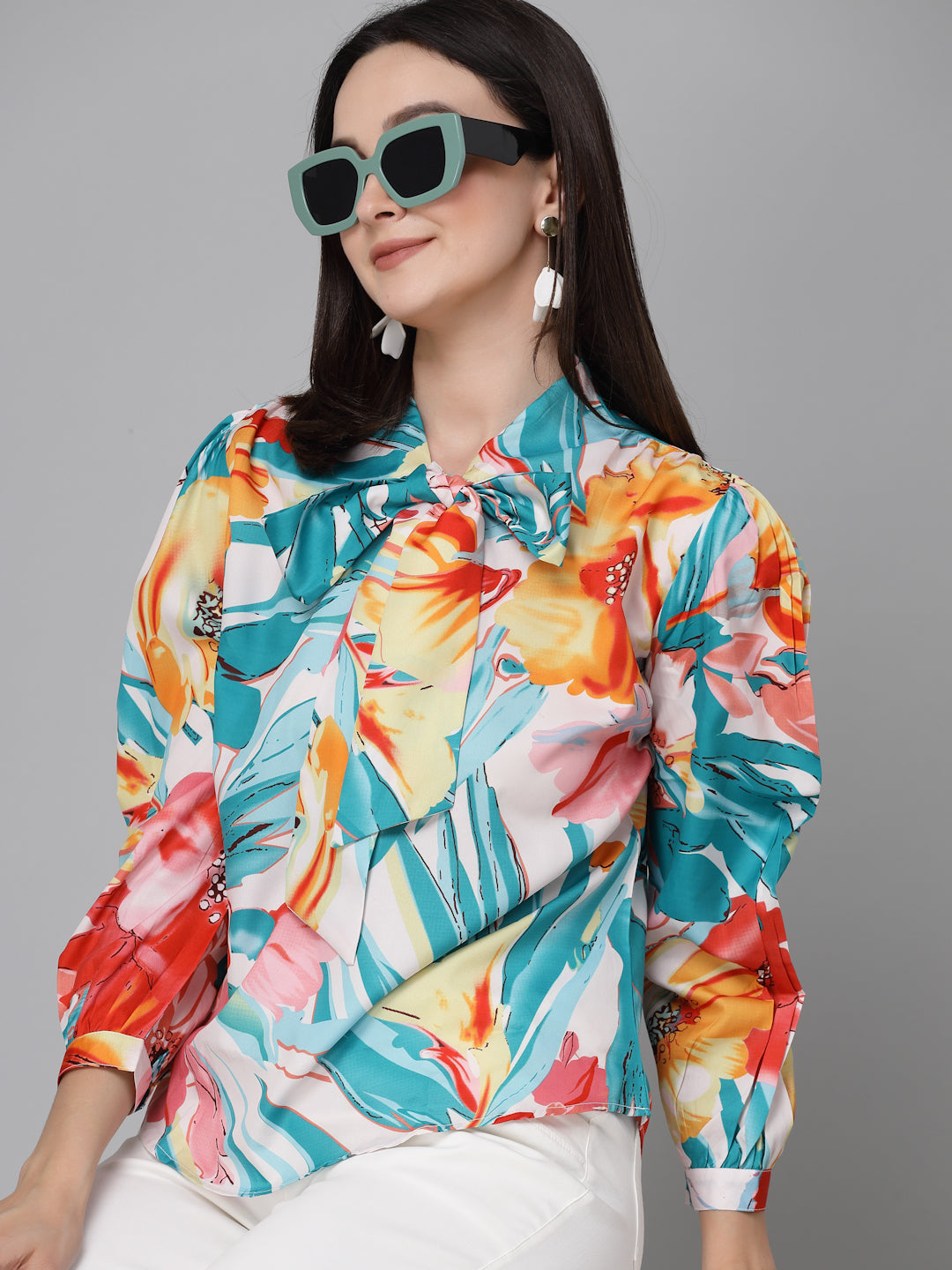 Style Quotient Women White And Multi Floral Printed Polyester Smart Casual Top-Tops-StyleQuotient