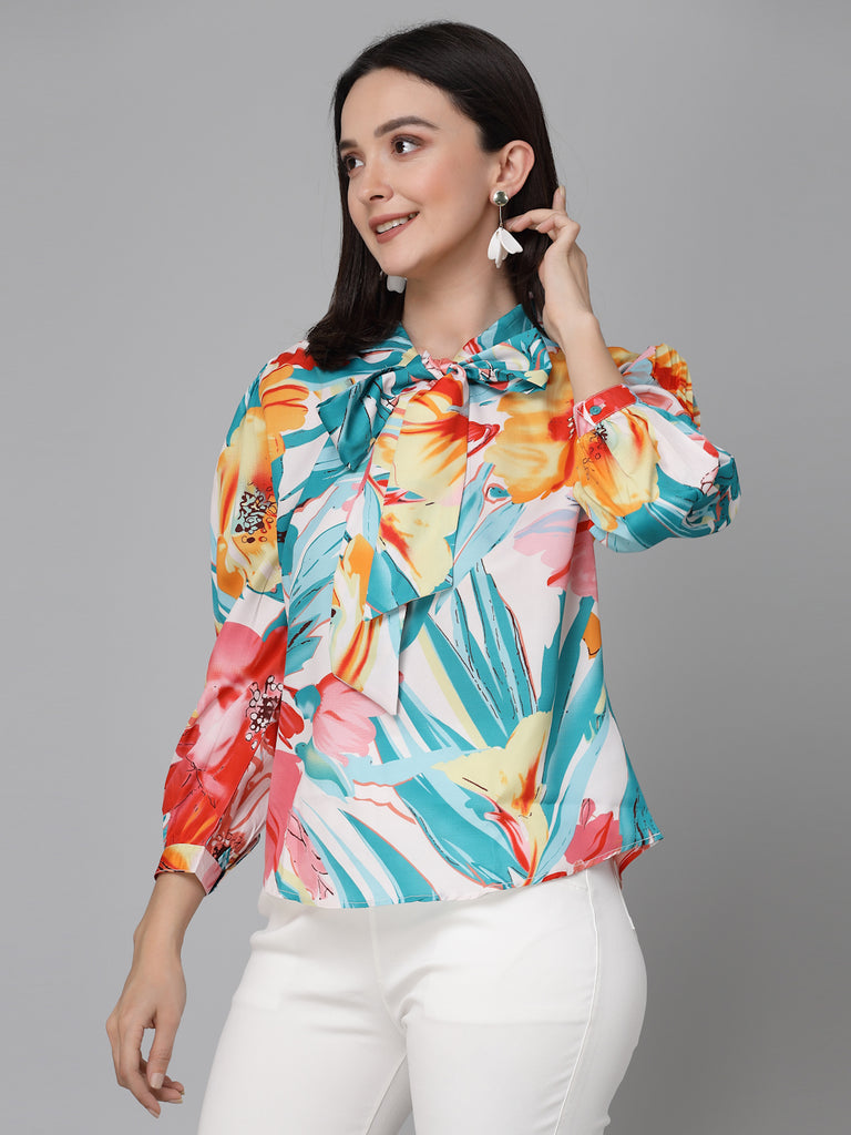 Style Quotient Women White And Multi Floral Printed Polyester Smart Casual Top-Tops-StyleQuotient