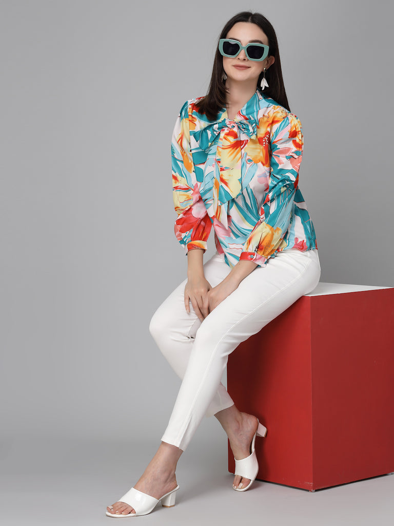 Style Quotient Women White And Multi Floral Printed Polyester Smart Casual Top-Tops-StyleQuotient