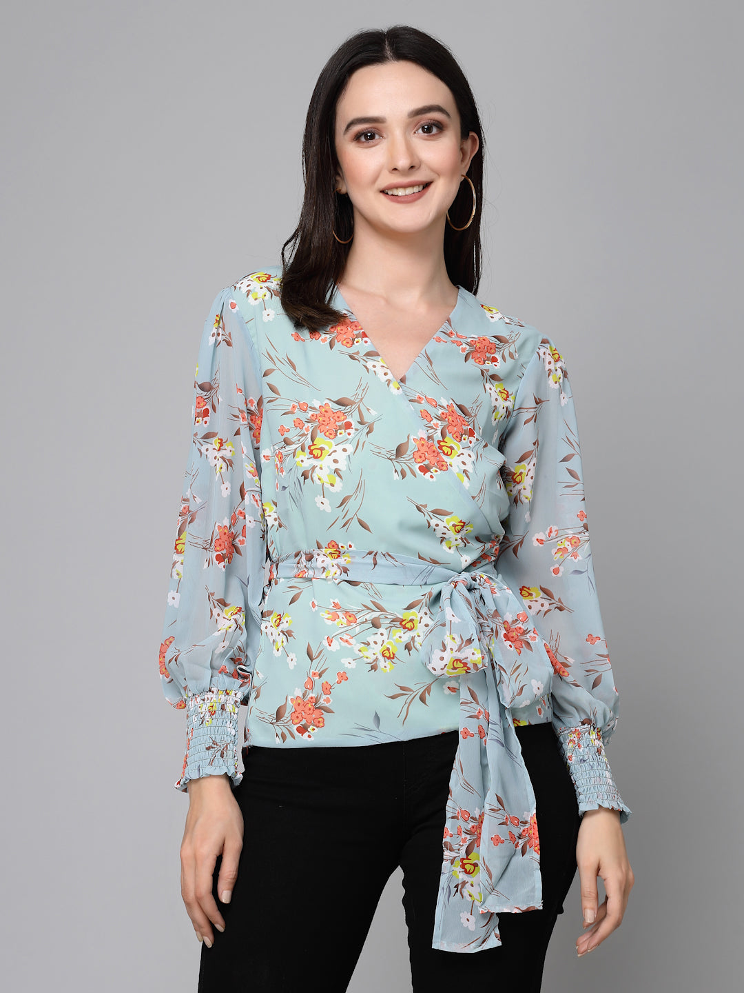 Stylel Quotient Women Mint Green Floral Printed Polyester Smart Casual Wrap Top-Tops-StyleQuotient