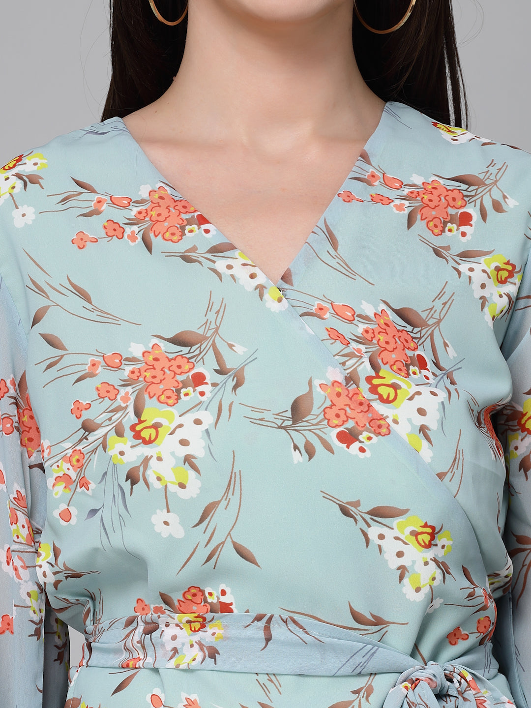 Stylel Quotient Women Mint Green Floral Printed Polyester Smart Casual Wrap Top-Tops-StyleQuotient