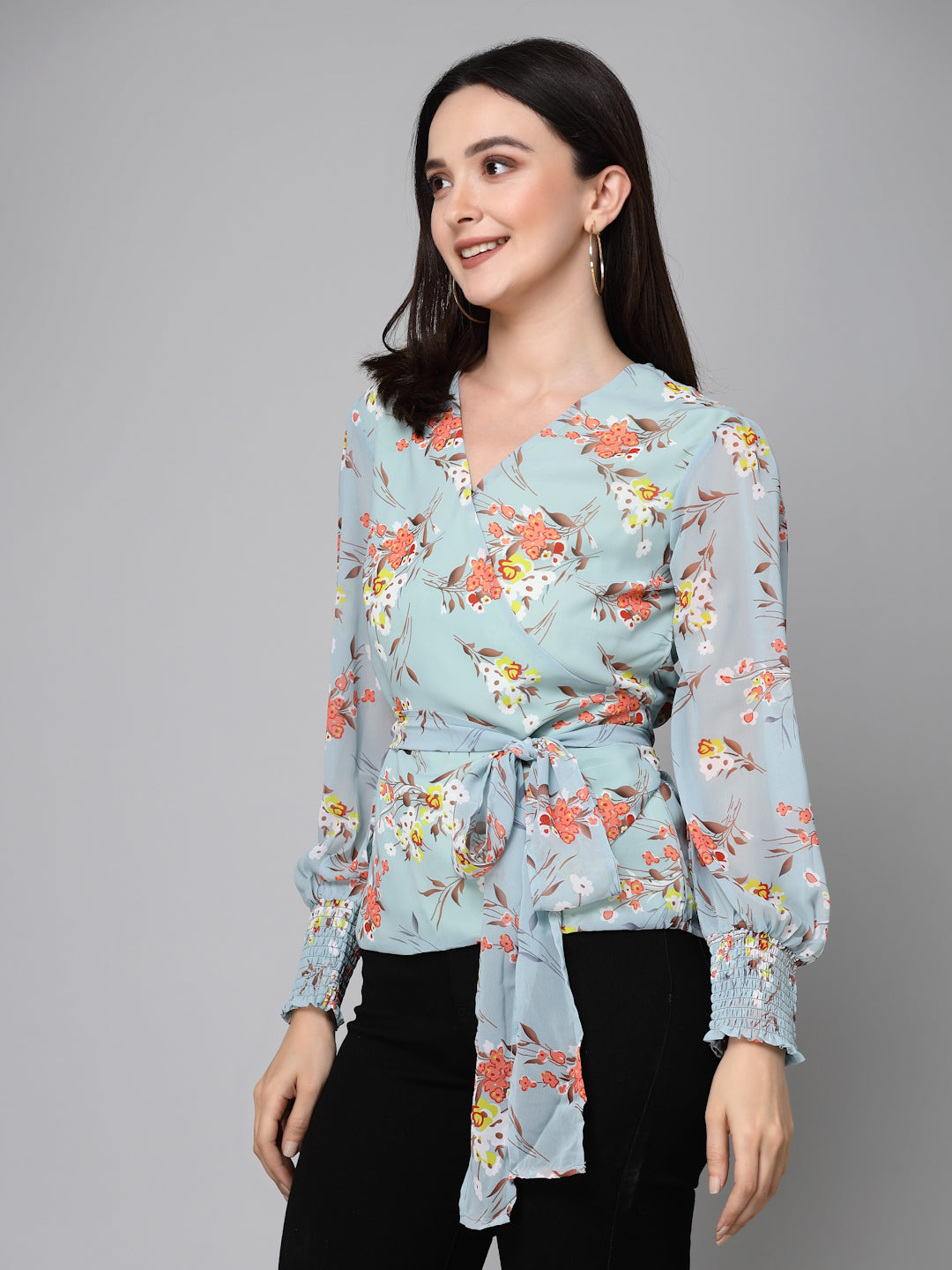 Stylel Quotient Women Mint Green Floral Printed Polyester Smart Casual Wrap Top-Tops-StyleQuotient