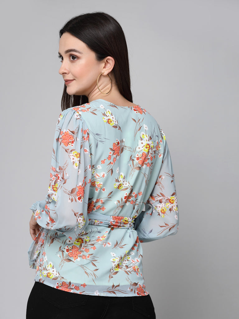Stylel Quotient Women Mint Green Floral Printed Polyester Smart Casual Wrap Top-Tops-StyleQuotient