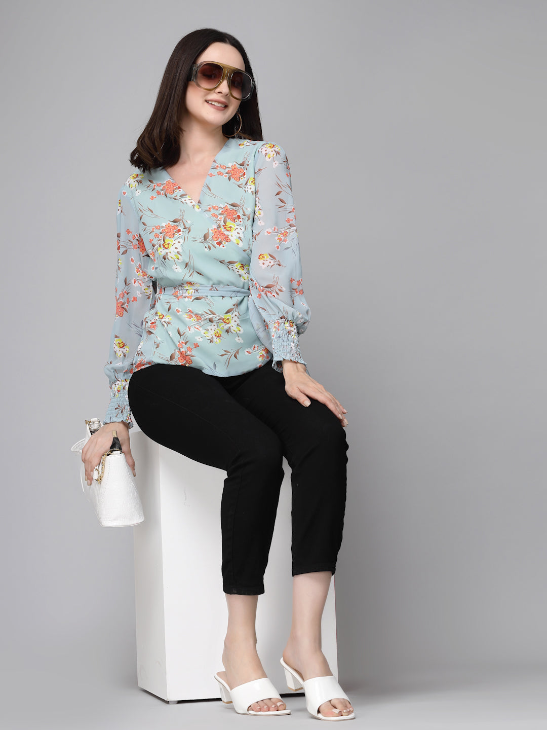 Stylel Quotient Women Mint Green Floral Printed Polyester Smart Casual Wrap Top-Tops-StyleQuotient