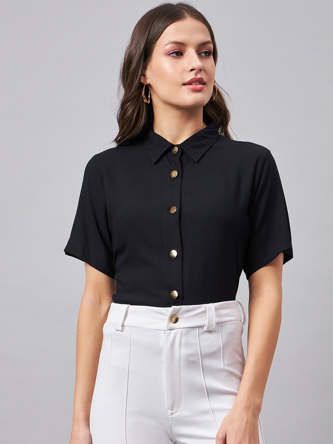 Style Quotient Women Smart Black Spread Collar Short Sleeve Shirt-Shirts-StyleQuotient