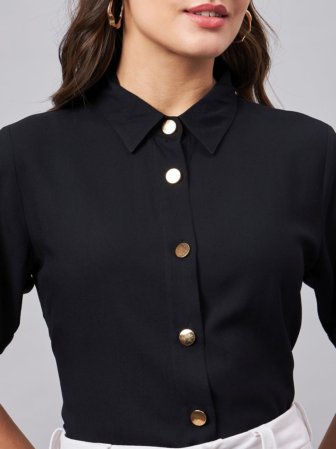 Style Quotient Women Smart Black Spread Collar Short Sleeve Shirt-Shirts-StyleQuotient