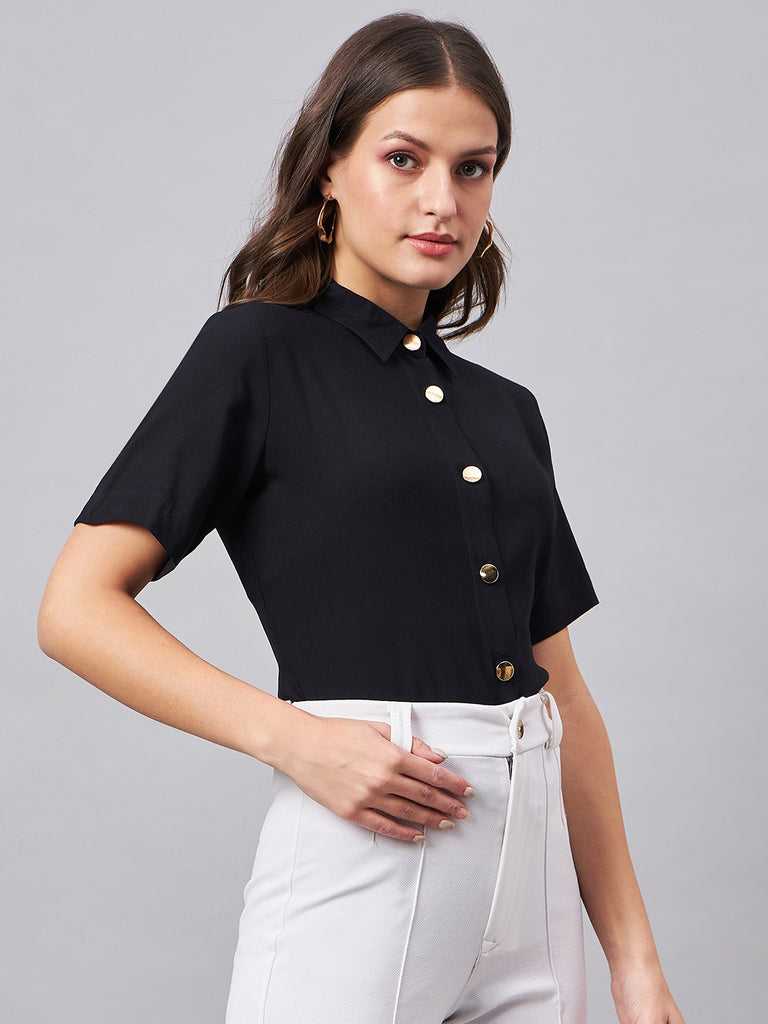 Style Quotient Women Smart Black Spread Collar Short Sleeve Shirt-Shirts-StyleQuotient