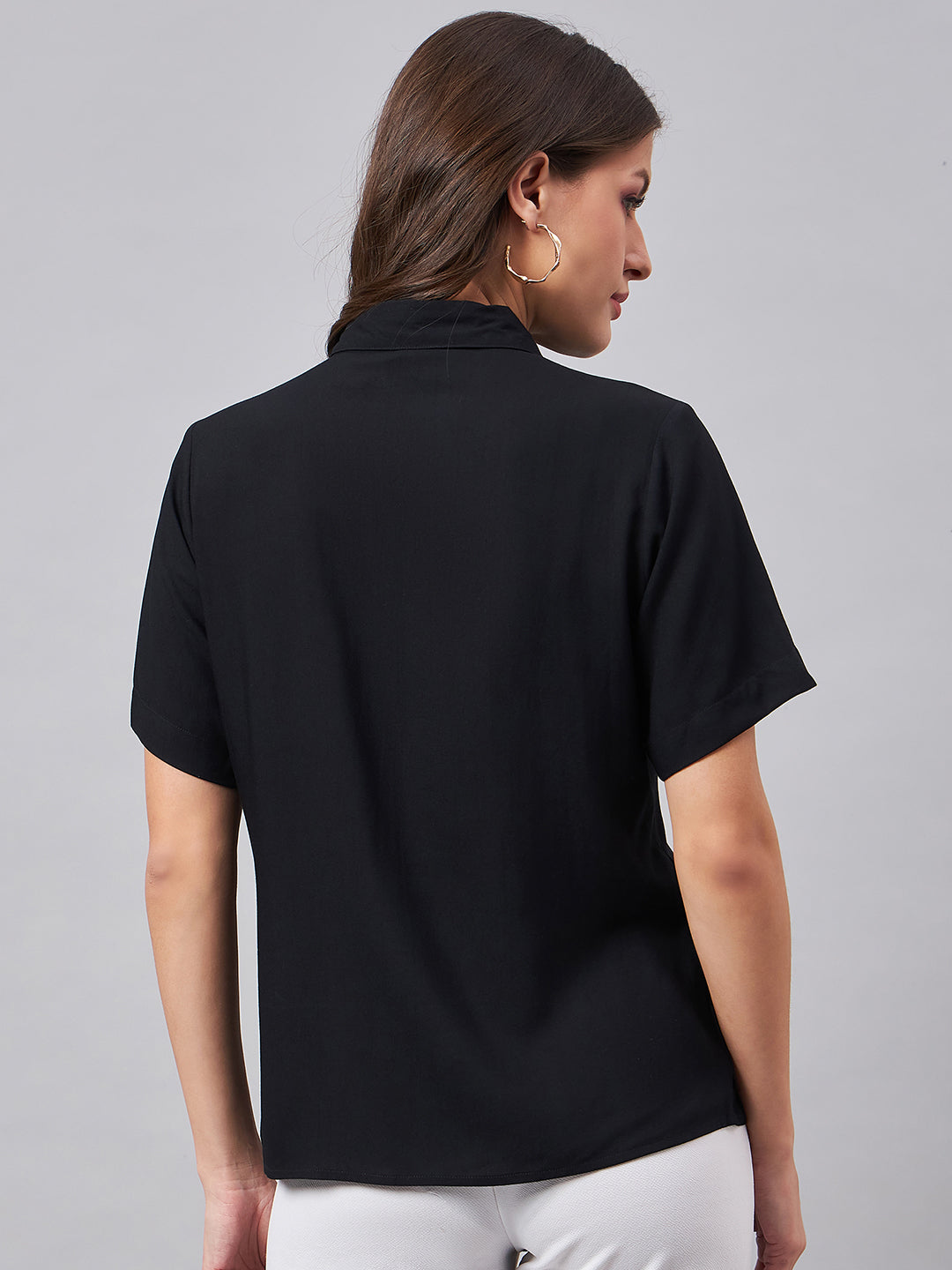 Style Quotient Women Smart Black Spread Collar Short Sleeve Shirt-Shirts-StyleQuotient