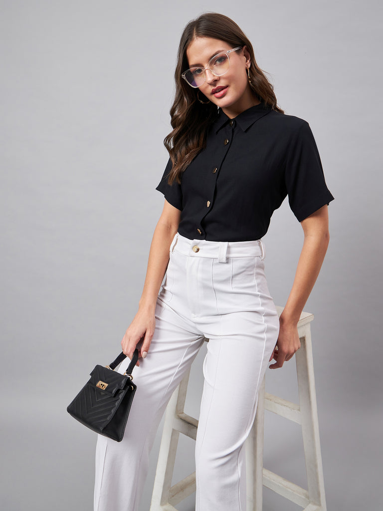 Style Quotient Women Smart Black Spread Collar Short Sleeve Shirt-Shirts-StyleQuotient