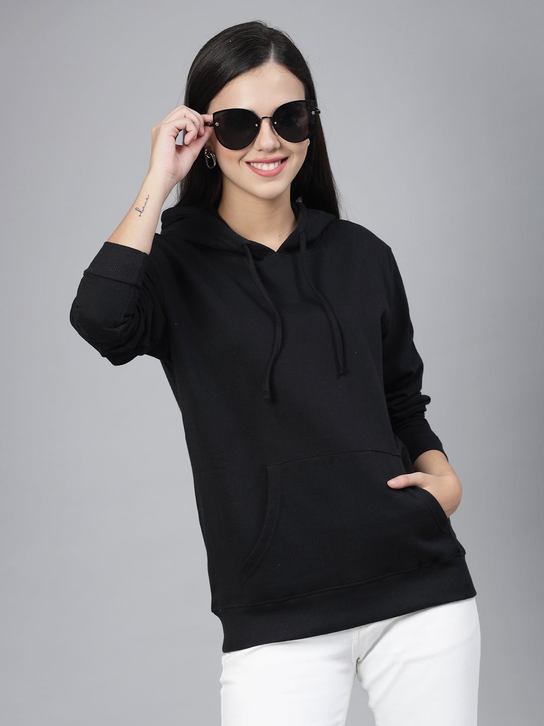 Style Quotient women black hooded oversized sweatshirt-Sweaters-StyleQuotient