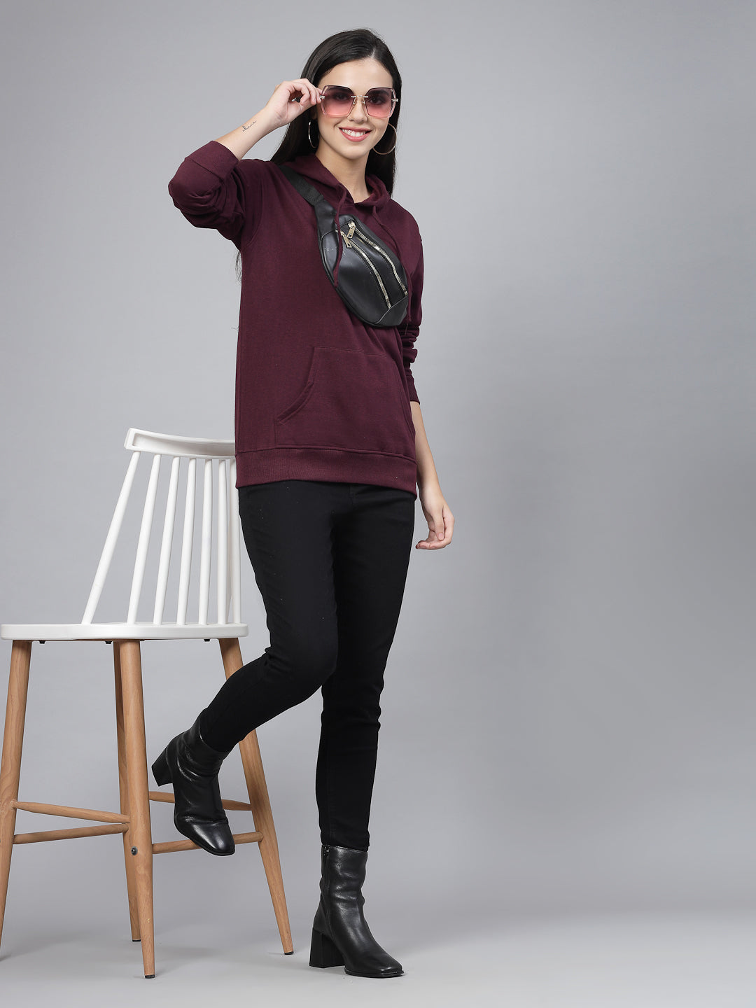 Style Quotient women maroon hooded oversized sweatshirt-Sweaters-StyleQuotient